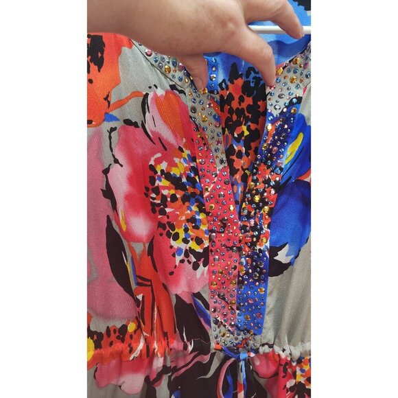 St. John Floral Tunic Dress With Rhinestone Accents Size P Silk Blend - Picture 3 of 15